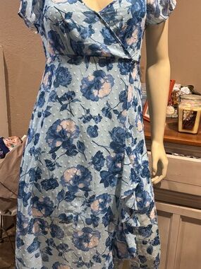 Blue Floral Midi Dress with Puff Sleeves